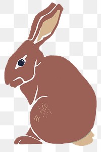 Brown rabbit png sticker vintage linocut illustration