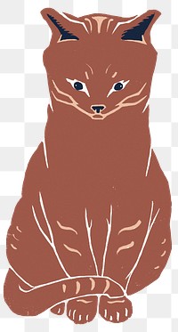 Brown cat png animal sticker retro linocut drawing