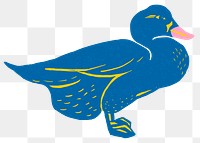 Vintage blue duck linocut png sticker clipart