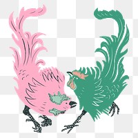 Vintage roosters png sticker bird linocut style set