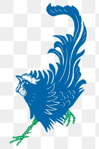 Vintage blue rooster png animal sticker linocut clipart