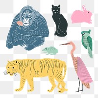 Vintage animal stickers png linocut style collection