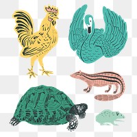 Vintage animal stickers png linocut style collection