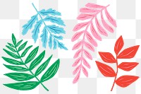 Colorful leaves png sticker vintage botanical linocut set