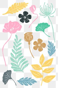Vintage blooming flowers png sticker linocut style illustration collection