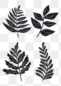 Black flowers png sticker linocut hand drawn botanical collection