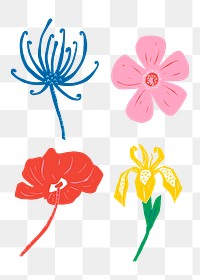 Colorful flowers png sticker vintage botanical linocut collection