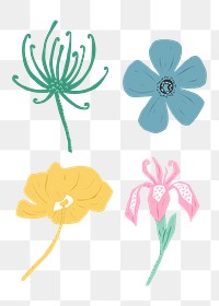 Vintage blooming flowers png sticker linocut style illustration set