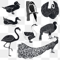 Black animals png sticker linocut stencil pattern clipart set