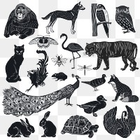 Black animals png sticker linocut stencil pattern clipart set