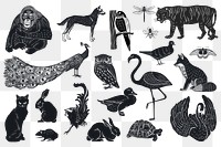 Black animals png sticker linocut stencil pattern clipart collection