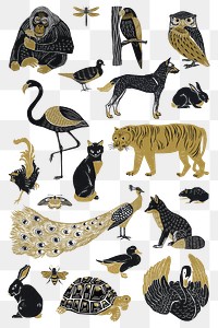 Vintage wild animals png sticker stencil painting set
