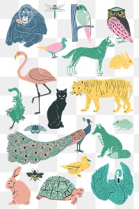 Vintage animal stickers png linocut style collection