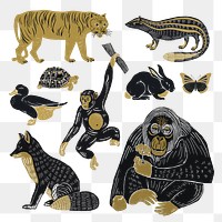 Vintage wild animals png sticker stencil painting set