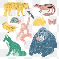 Vintage animal stickers png linocut style collection