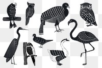 Birds png sticker black linocut stencil pattern clipart set