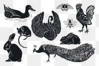 Animals png sticker black linocut stencil pattern clipart collection