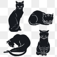 Vintage cats linocut png sticker clipart collection