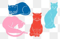 Retro cats png sticker colorful linocut collection