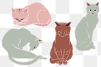 Vintage cats png sticker drawing linocut style collection