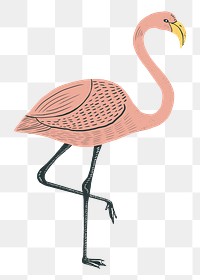 Tropical bird peach flamingo png sticker vintage linocut drawing