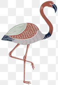 Earth tone flamingo png sticker vintage linocut hand drawn 
