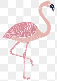 Pink flamingo png animal sticker vintage linocut hand drawn 