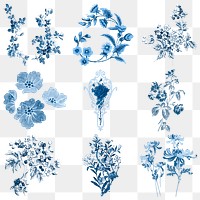 Blue flower set png vintage sticker