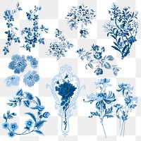 Blue flower set png vintage botanical sticker