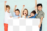 Little kids cheering while holding a mockup board