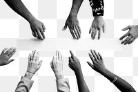 Black and white png diverse arms touching on white paper