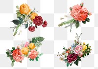 Vintage colorful flowers bouquet png watercolor illustration set