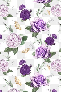 Purple cabbage roses png and butterfly watercolor pattern