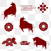 Chinese Ox Year red png design elements set