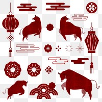 Chinese Ox Year red png design elements collection