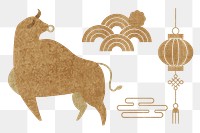Chinese Ox Year golden png design elements collection