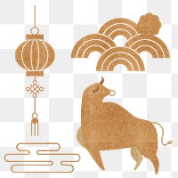 Chinese Ox Year golden png design elements set