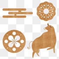 Chinese Ox Year golden png design elements set