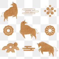 Chinese Ox Year png golden design elements collection