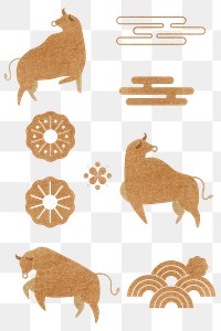 Chinese Ox Year png golden design elements collection