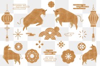 Chinese Ox Year golden png design elements set
