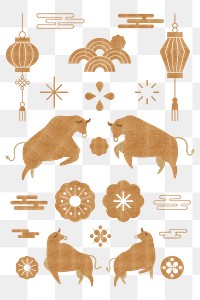 Chinese Ox Year golden png design elements set