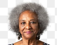 African senior woman png transparent, smiling face portrait cut out