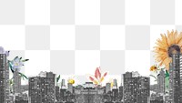 PNG grayscale cityscape with flowers creative design element