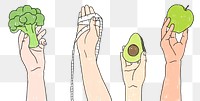 Png green fruits and vegetable in hands healthy diet illustration