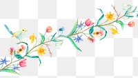 Png spring flowers design element with cute bird in watercolor