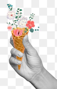 Hand png holding vintage floral cone, remixed from artworks by Pierre-Joseph Redouté