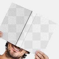 Png transparent book mockup covered by a man's hands