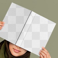 Png transparent book mockup covered by a woman&#39;s hands
