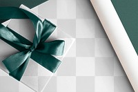 Png transparent gift wrap mockup with dark green ribbon